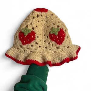Vintage Crochet Strawberry Bucket Hat in Cream, Red & Green